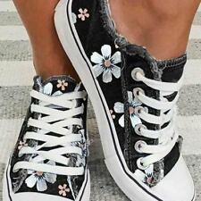 Denim Canvas Shoes Women Lace Up Casual Flat Embroidery Flower Sneakers Shoes