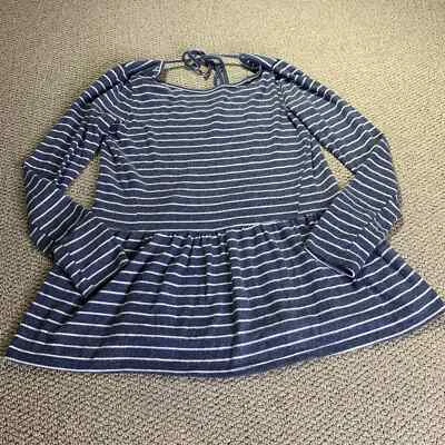 ModCloth Womens Blouse Top Size Small Blue Striped Long Sleeves Peplum Tie Back - Image 1 of 4