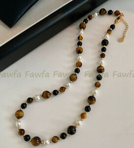 Natural 8-10mm Yellow Tiger's Eye White Shell Pearl Round Beads Necklace 14-36"