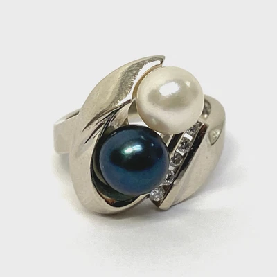 Anillo de diamantes de perlas de agua salada de Tahití de oro blanco de 14 k 7,0 gramos talla 5 Foto 1 de 4