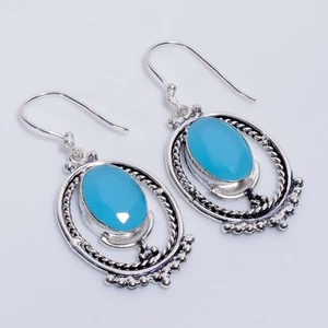 Chalcedony Gemstone Vintage Handmade 925 Sterling Silver Earrings 1.9" m425 - Picture 1 of 6