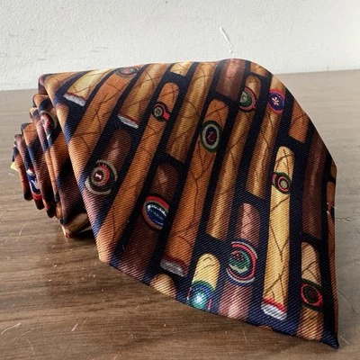Alynn Tie Mens  Silk Brown Good Cigar Print Novelty Necktie - Image 1 of 4