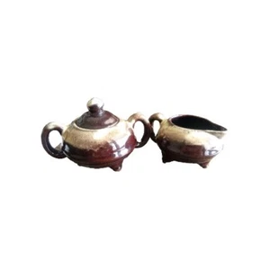 Vintage 2.5 Inch Brown Pottery Cream & Sugar Set 3 Leg - Picture 1 of 7