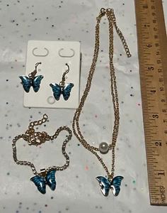 Women Double Layer Necklace Earrings & Bracelet Set Colorful Butterfly Pendant - Picture 1 of 11