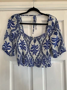 H&M Womens Ladies Short Sleeve Summer Elasticated Crop Top Blue White Size Eur S - Picture 1 of 5