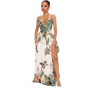 Loragal Women's Dress Size 3XL Beige Tropical Print Maxi Spring Summer Vacation - Picture 1 of 14