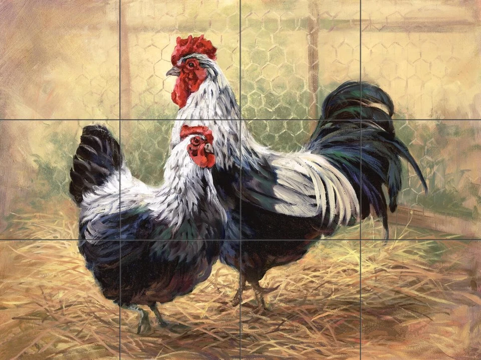 Mural de azulejos salpicadero de cocina - gallo negro y gallina - animales de granja Foto 1 de 1