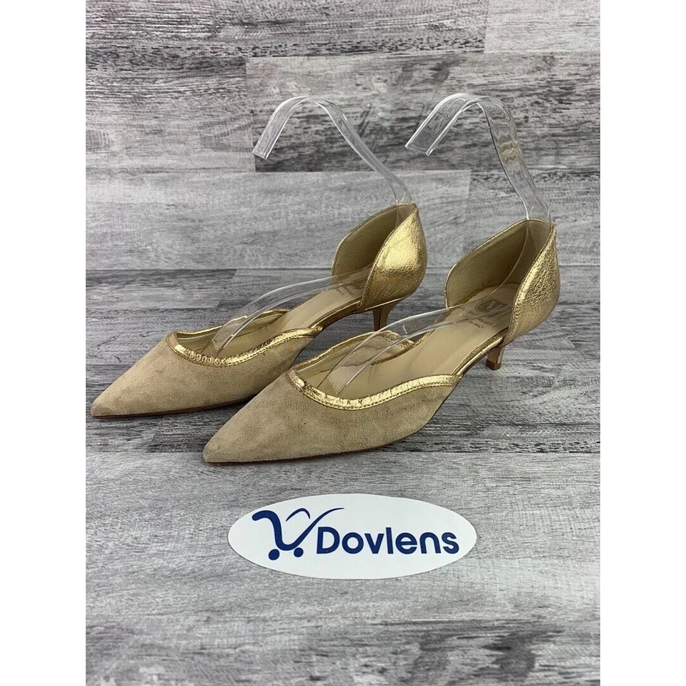 Tacones de gatito Bruno Magli beige y dorado punta para mujer talla 5M Foto 1 de 4