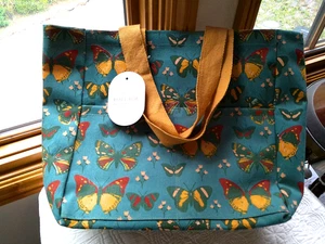 ECCOLO LARGE TOTE BAG BUTTERFLIES COTTON CANVAS 14" X 19" OUTSIDE POCKETS INDIA - Picture 1 of 4