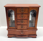 Vintage Wood Chest Cabinet Vanity Ring Necklace Armoire Jewelry Box Glass Door