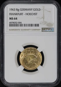 1963 Germany Frankfurt 100th Anniversary of Hoechst AG 8g Gold Medal NGC MS-64 - Picture 1 of 2