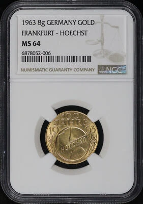 Alemania Frankfurt 1963 100 aniversario de Hoechst AG 8 g medalla de oro NGC MS-64 Foto 1 de 2