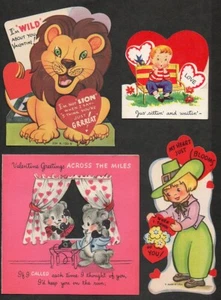 Lot of 4 1950s Die Cut Valentines Day Cards Bears Lion Pilgrim - Picture 1 of 1