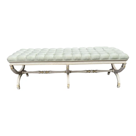 Mid 20th Century Hollywood Regency Style White Textile/Wood X Base Tufted Bench Cover