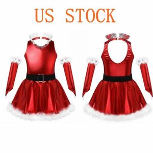 Kids Girls Figure Ice Skating Outfit Christmas Costume Dance Dress+Arm Sleeves