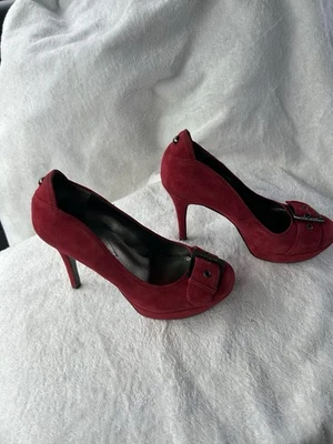Guess Womens Pumps Size 5M Red Suede Shoes Peep Toe Buckle Dressy - Image 1 of 4