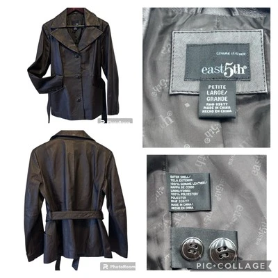 Chaqueta East 5th para mujer Y2K 100 % cuero negra pequeña/grande bolsillos cinturón forrado Foto 1 de 4