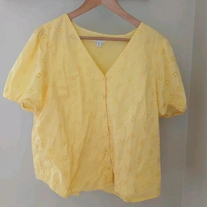 J. Crew Eyelet Button Front Top Size XL Yellow Romantic Cottagecore Cotton BQ034 - Picture 1 of 9
