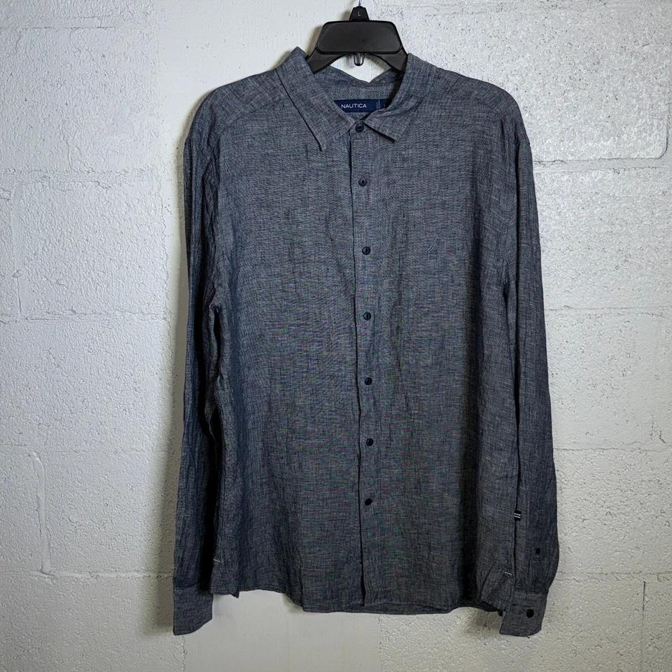 Nautica Men's Classic-Fit Button-up Solid Linen Shirt navy large