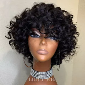 Pelucas cortas rizadas de cabello humano con punzones base del cuero cabelludo brasileño peluca superior hecha a máquina - Imagen 1 de 11