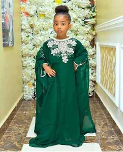 Green Georgette Party Gown Dress NEW Wedding Stylish Kaftan Kids Long Moroccan - Picture 1 of 3