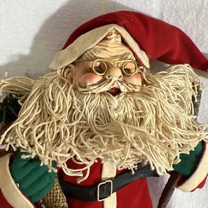 Vintage Santa 12” Tall Ornament. Burlap Bag With Walking Stick - Picture 1 of 12