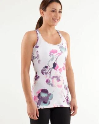 LULULEMON Cool Racerback tamanho 4 flores borradas multicoloridas novo com etiquetas  - Imagem 1 de 4