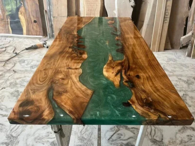 Green Epoxy Table Top Handmade Resin Countertop Acacia Wood Luxury Farmhouse Dec - Image 1 of 4
