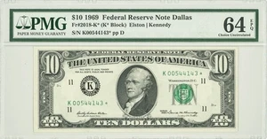 FR #2018-K* $10 1969 Federal Reserve Note Dallas Ch Unc 64 EPQ PMG 947115-12 - Picture 1 of 3