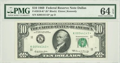 FR #2018-K* $10 1969 Federal Reserve Note Dallas Ch Unc 64 EPQ PMG 947115-12 - Image 1 of 3