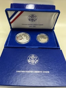 1986 Statue of Liberty Commemorative 2-Coin Set Silver Dollar & Half w/ Box - Picture 1 of 6