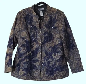 Indigo Moon Size XL Floral Paisley Embroidered Button-Up Jacket Sequins Tapestry - Picture 1 of 10