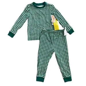 Nordstrom Kids Fitted Cotton Pajama Set in Green Evergreen Gingham Sizes 6, 7 - Picture 1 of 5