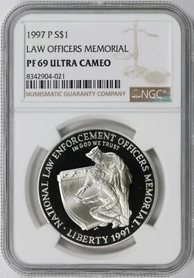 1997-P $1 Law Officers Memorial Silver Dollar NGC PF69 Ultra Cameo - Image 1 of 4