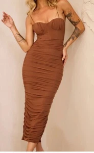 NEW TIGERMIST BROWN MESH RUCHED BUSTIER CORSET MIDI DRESS 6 12 14 - Foto 1 di 4