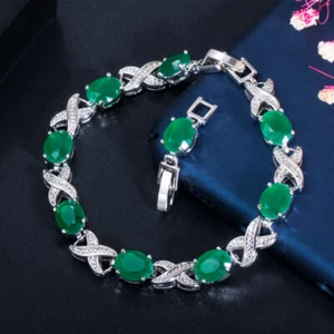 White Gold Plated Cubic Zirconia Green Crystal Charm Bracelet for Women Costume - Picture 1 of 8