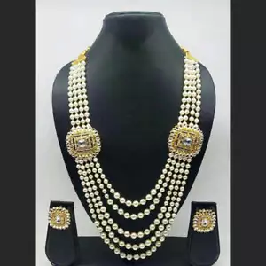 Long Pearl Kundan Mala Necklace Indian Bollywood Style Gold Plated Jewelry Set - Picture 1 of 12