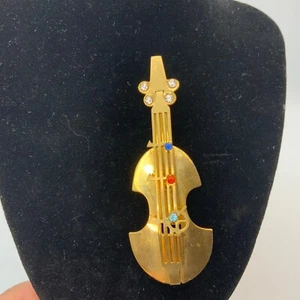 Broche figurativo de colección bajo violín instrumento musical pin diamantes de imitación en tono dorado - Imagen 1 de 6