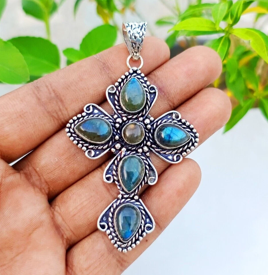 Labradorite Cross Pendant 925 Sterling Silver Handmade Gemstone Jewelry 2.85" - Image 1 of 4