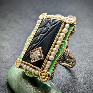 Jugendstil Art Deco Ring 14k 585 Gold Diamant Emaille Onyx Perle Goodman & Co ? - Bild 1 von 16