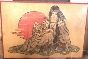Z American Indian Girl Wolf Sunset Burned Wood Etching Picture Plaque Painting - Picture 1 of 6