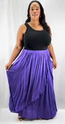 Plus Size Women's 2-3X Purple Maxi Skirt Pockets Flowy Asymmetrical Boho Stretch - Image 1 of 4