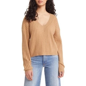Open Edit Tan V-Neck Ribbed Knit Long Sleeve Drop Shoulder Pullover Sweater XL - Picture 1 of 13
