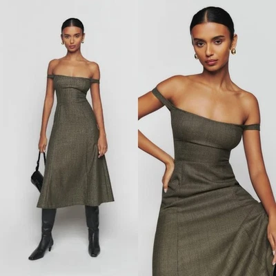 Reformation | Stratford Wool Off-the-Shoulder Midi Dress in Black Check - Image 1 of 4