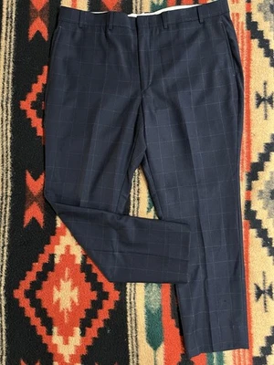 Pantalones de vestir de franela Nautica para hombre 40x29 (etiqueta 38x30) a cuadros delanteros planos azul marino *defecto Foto 1 de 4