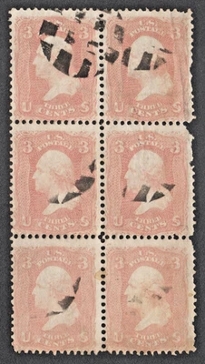 US Sc# 65 USED { 3c ROSE WASHINGTON "BLOCK OF 6 } LIGHT CANCEL FROM 1861 SERIE - Image 1 of 4