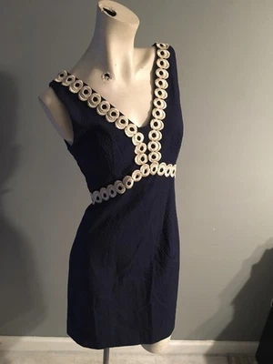 Vestido Lilly Pulitzer Azul Marino Oscuro Algodón Dorado Bordado Sin Mangas Talla 6 Foto 1 de 4