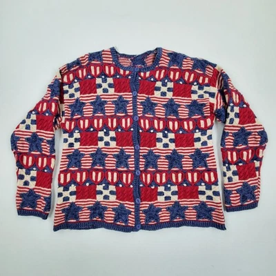 Cárdigan Patriótico Americano Vintage Años 80 90 Estrellas Rayas Tejido Ramie Foto 1 de 4