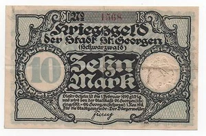 GERMANY ST. GEORGEN 10 MARK 1919 WAR NOTGELD EMERGENCY MONEY LOOK SCANS - Picture 1 of 2