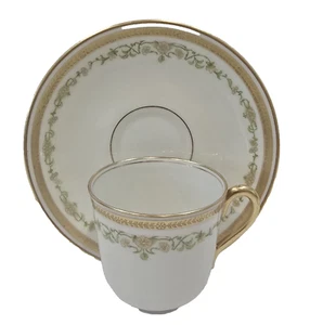 Antique Elite Limoges France Demitasse Cup and Saucer Green Floral Band Gilded - Picture 1 of 17